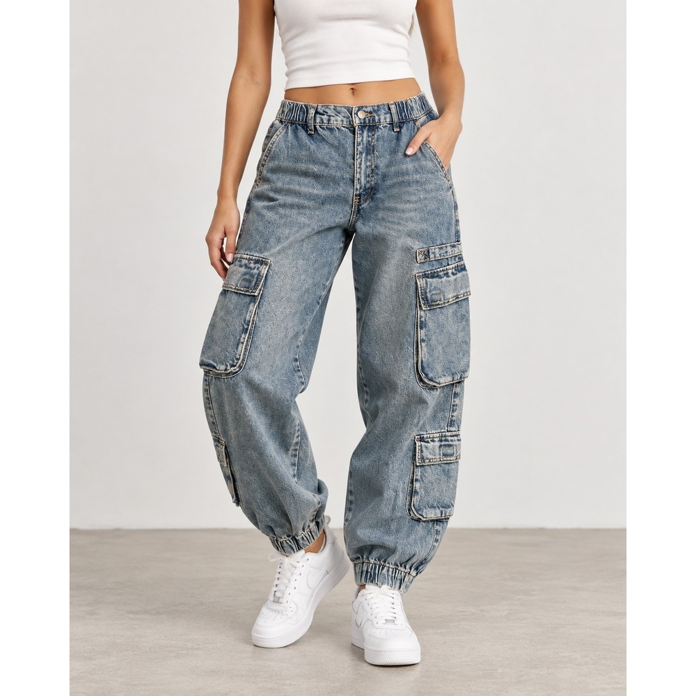 Forever 21 Size Small Denim Joggers Elastic Cuffs Waist Cargo Pockets Pants
